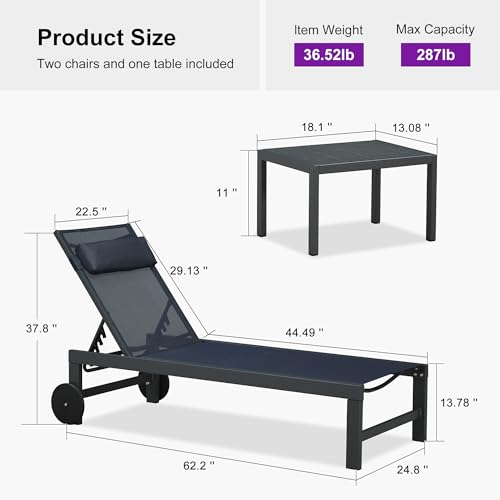 PURPLE LEAF Patio Lounge Chair Set of 3 Outdoor Chaise Lounger Aluminum Frame with Side Table and Wheels for Pool Outside Sunbathing Tanning Recliner Including Pillows Navy Blue — view 2