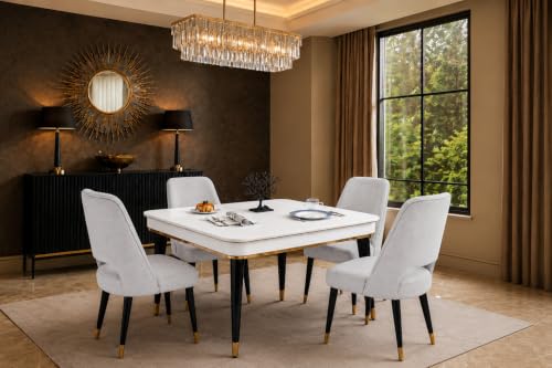 Image of WOODEN SPACE 4 Seater Wooden Dining Table Set | Urban Marble Top Dining Table with Chairs for Dining Room & Kitchen (Modern Vintage Light Grey) (42 x 42 x 30 inch)