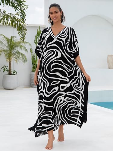 Image of KECVOT Kaftan Dresses for Women V-Neck Print Swimsuit Cover Up Plus Size Beach Caftan Lounge Dress