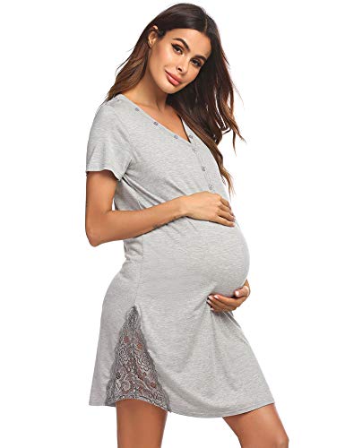 Ekouaer Women s Maternity Nursing Nightgown Delivery Hospital Sleepwear for Breastfeeding Lace Trim Labor Gown Light Grey