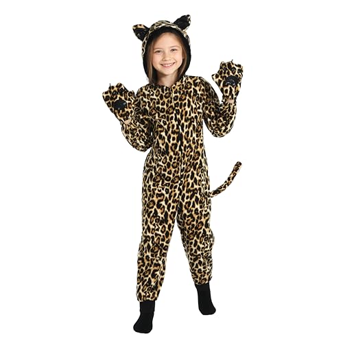 Wbesty Costume de guépard pour filles Pyjama en peluche douce Tenue d'Halloween avec oreilles, gants et queue Pyjama cosplay léopard pour enfants