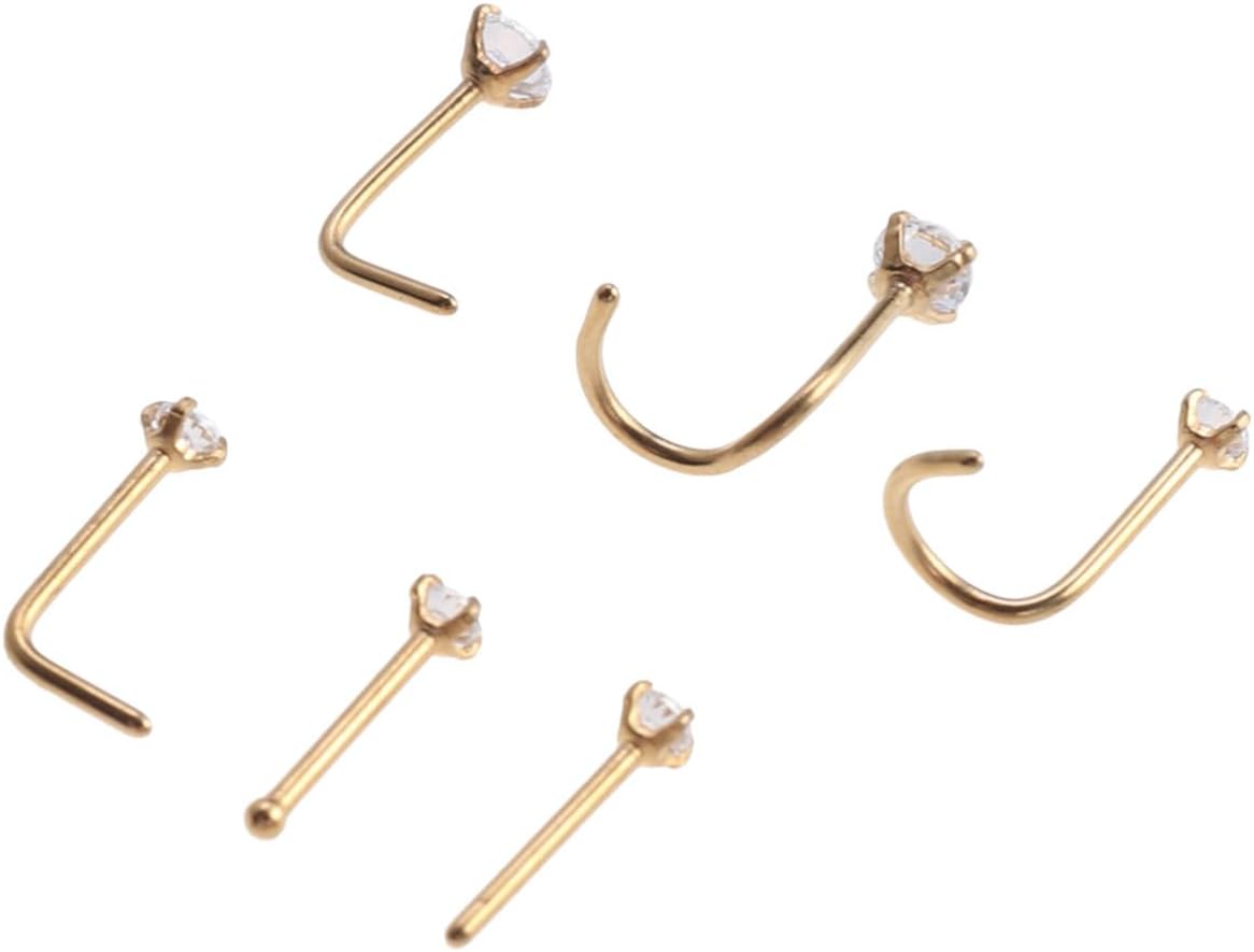 BESTYASH 6pcs Stainless Steel Zircon Nose Set, Gold Tone