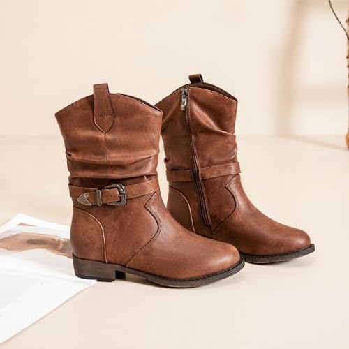 Veittes Women's Mid-Calf Cowboy Cowgirl Boots with Low Chunky Heel, Side Zipper, Motorcycle Style, Classic Round Toe,Fashion Western (Black/Dark Brown/Grey) Boots4