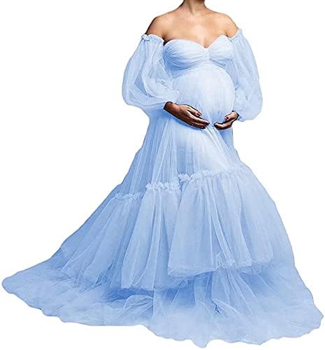 junytDing Women Puffy Sleeves Off Shoulder Maternity Dresses for Photoshoot 2021 Tulle Pregant Maxi Dress Formal Long LD0113 Sky Blue 10