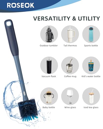 Image of ROSEOK 2 in 1 Bottle Brush with Straw Cleaner Brush, Water Bottle Brush | For Cleaning Glass, Sports Bottle, Coffee Mug, Cup Cleaner, Grayish Blue, 2 Pack