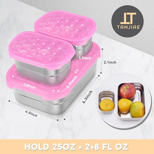 Image of Tanjiae Stainless Steel Lunch Snack Containers Set | Leak Proof 304 Stainless Steel Food Containers with Silicone Lids - Perfect Metal Lunch Box for School and Daycare (Pink Lunch, Medium)
