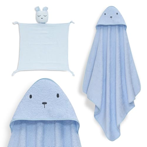 Interbaby - Capa de Baño Bebé + Dudu Muselina | Toalla con Capucha 100% Algodón, Unisex | Suave, Secado Rápido | Ideal para Recién Nacidos, Bebes y Niños Pequeños | Diseño Oso