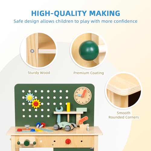 OOOK Toddler Tool Bench, Montessori Kids Workbench Playset, Large Tool Bench for Kids Ages 3-5, Wooden Toddler Construction Toys for Pretend Play, Present for Boys and Girls, Green