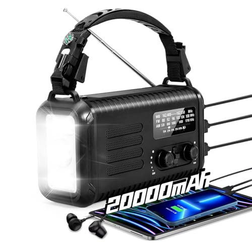 20000mAh / 74000mWh Emergency Crank Radio, NOAA/AM/FM Portable Weather Radio, Solar Hand Crank Radio, Battery Powered with USB Phone Charger, Flashlight Reading Lamp & SOS for Survival Camping (Black)