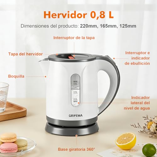 Miniatura 7 de Grifema Gc1001 Hervidor De Agua Eléctrico 0,8 Litros, 1100 W De Potencia, Base 360 , Filtro Antical Desmontable, Sistema De Seguridad, Plástico