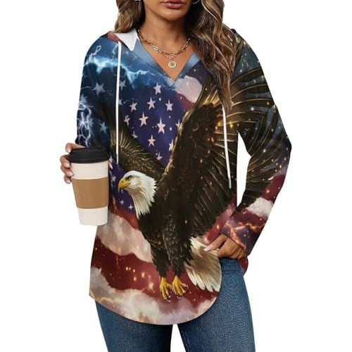 U.S Flag Bald Ea-gles Hoodies for Women V Neck Pullover Sweatshirts Long Sleeve Shirts Fashion Tops