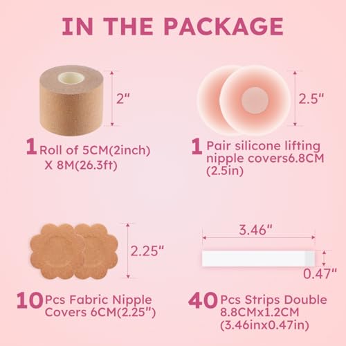 Boob Tape Kit for Women - 8M (26.3ft) Waterproof & Sweatproof Breast Lift Tape + 2 Reusable Silicone Nipple Covers - Ultimate Support for Strapless Dresses Beige2