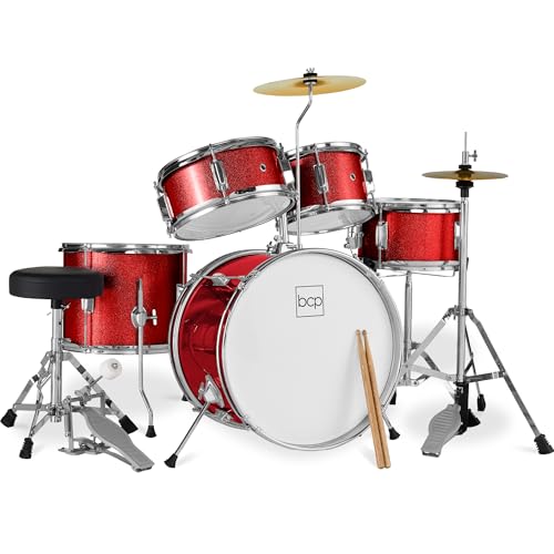 Best Choice Products Kids 5-Piece Beginner Drum Set Junior Kit, Starter Percussion w/Cymbals, Pedal, Toms, Snare, Drumsticks, Stool - Red Sparkle