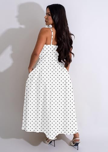 Image of YUEWOO Midi Dresses for Women Casual Summer Sundresses Vacation Outfits Spaghetti Strap Smocked Women Maxi Dress with Pockets
