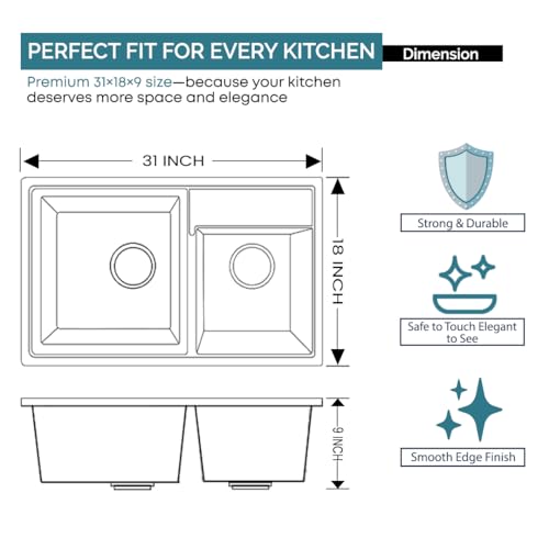 Image of ARQUIN Double Bowl Quartz Kitchen Sink 31x18x9 Inch Sand Pluto Granite sink, UV Protected, Undermount /Topmount Noise Reducing Quartz Sink for Kitchen Basin