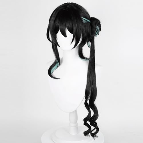 Image of Mei Anime Black mixed Green Wigs with Bangs Women Long Curly Wig with Buns and Ponytail Game Cosplay Wigs Halloween,Christmas,Comic con,Game Show,Party