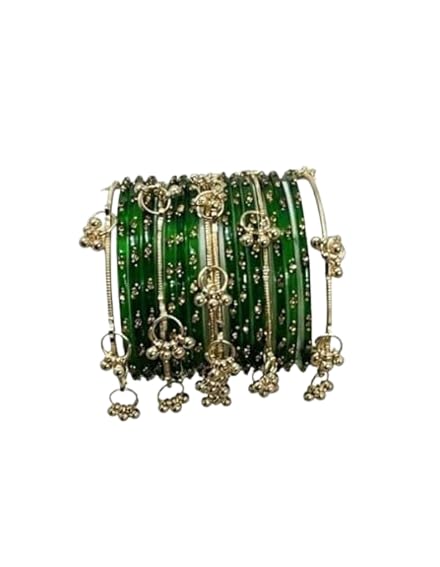 Green Glass Bangles Set with Gold Finish Ghungroo Charms | Traditional Indian Chudi for Women | Festive & Daily Ethnic (Pack of 18)-image-3
