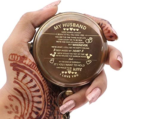 Yvcrafts Brass Sundial Compass With Leather Case And Chain, Engraved Gift For Him, Sundial Clock Unique Gifts For Men, Personalized Compass For Boyfriend, Fiancé Camping, Hiking (Husband-I Love You) #TOP1