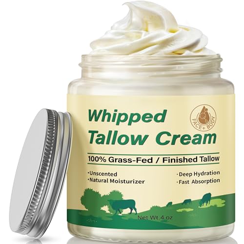 Beef Tallow Skin Care, Whipped Tallow Face Cream, Grass Fed Beef Tallow Moisturizer Deeply Nourishing for Face & Body, Natural Unscented Tallow Blam for Dry Skin,120g