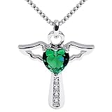 Ckysee Silver Plated Angel Birthstone Necklace,Cubic Zirconia Cross Necklace for Women,First Communion Baptism Gifts (May- Emerald)
