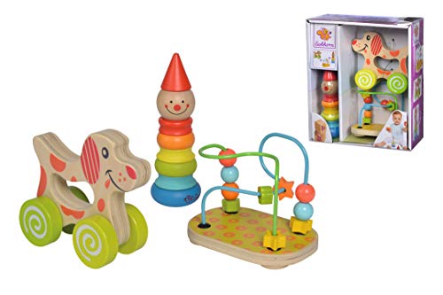 Eichhorn - 100003750 -Lernspielset,Geschenkset, 3 teilig,bestehend aus Steckfigur Clown, Motorikschlaufe, Schiebehund, Birkenholz, für Kinder ab 12 Monaten