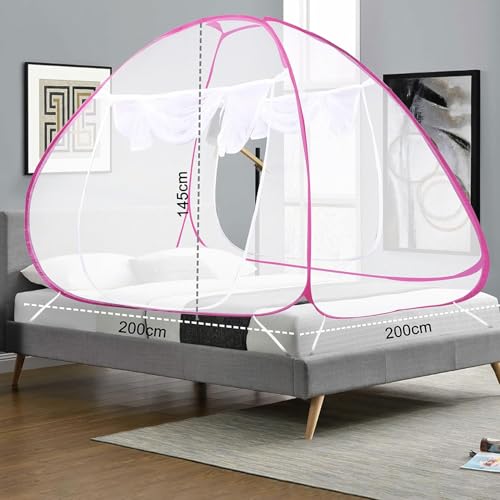 Image of Double Bed Mosquito Net /Machhardani 6.5 x 6.5 Feet with Foldable Steel Frame | Polyester Adults Mosquito Net for Family Sleeping | High Durability, Foldable, Tent Shape Mosquito Net (Pink)