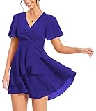 PCEAIIH Women's Cocktail Dresses Short Sleeve Empire Skater Dress Deep V-Neck Waist Tie Ruffle Mini Swing Dresses XL Royal Blue