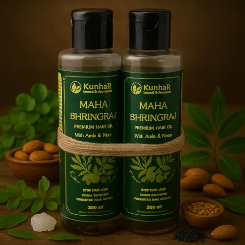 Image of Maha Bhringraj Premium Hair Oil with Amla & Neem - 200 ml (Pack of 2) - Reduces Hair Fall, Cures Dandruff - Ayurvedic Herbal Formula - Power of Roots