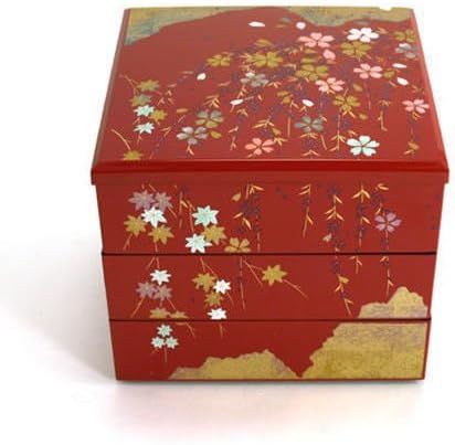 Japanese Red Lacquer Three Tiers Sakura Jyubako Stack Candy Bento Box