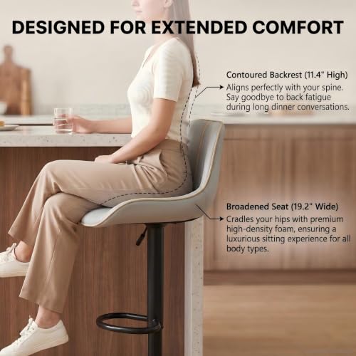 Butacos giratorios ajustables de barra, juego de 4, tapizados en cuero sintético gris, altura regulable, asiento ergonómico con respaldo, capacidad de 300 lb miniatura 3