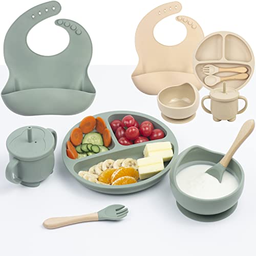 Image of Silicone Baby Feeding Set, 12Pcs Baby Led Weaning Supplies, Includes Baby Suction Bowls and Plates, Silicone Baby Bibs, Silicone Baby Cup, Silicone Baby Spoons and Forks (2 Sets Beige & Green)