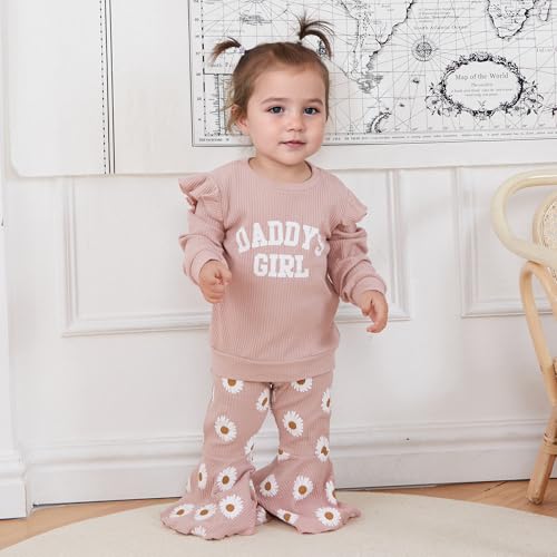 Newborn Baby Girl Outfits Fall Daddys Girls Long Sleeve Pullover Sweatshirt Flared Pants Set 6 12 18 24 Months3