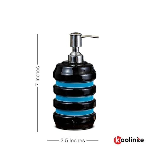 Image of Ceramic Bathroom Accessories Set for Utility and Bathroom Decor | Liquid Soap Dispenser, soap Tray, Toothbrus Holder Glossy Sky Blue and Black (GOA 8)