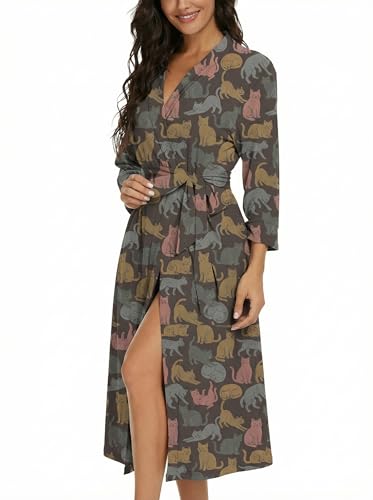 Image of VINTATRE Robes for Women Long Knit Bathrobe XS-4XL | 3 /4 Sleeve Bathrobes with Pockets, Stretchy and Lightweight Fabric, Inner Tie and Fixed Outer Matching Belt, Mid Calf Length