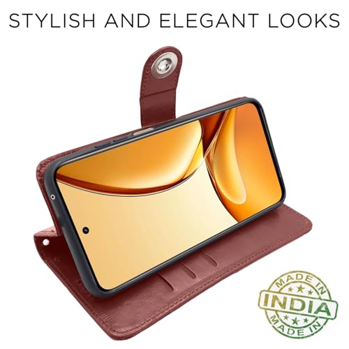 Image of Pikkme Flip Cover Leather Finish | Inside TPU with Card Pockets | Wallet Stand and Shock Proof | Complete Protection Button Flip Case for Realme C63 5G (Brown)
