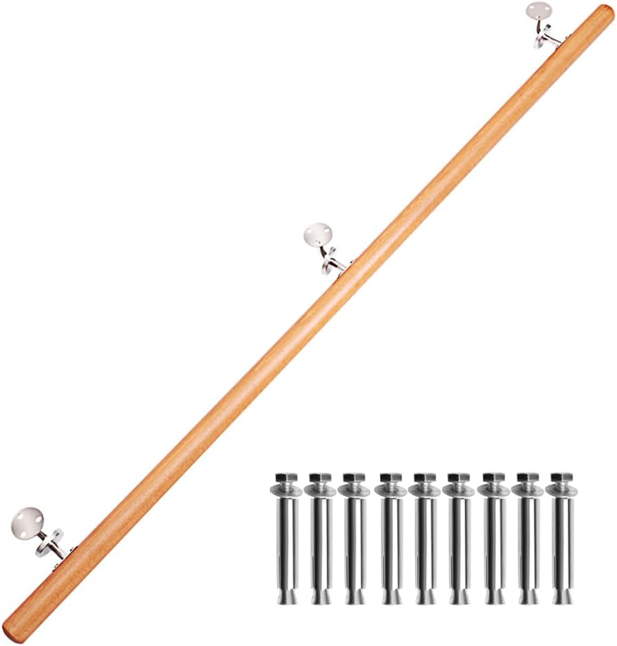 INMOZATA Handrails for Stairs, 200CM/6.6FT Wooden Stair Banister Rail, Classic & Safety Indoor Wall Mounted Exterior Stairs Handrail for Elderly Kids Non-Slip Staircase Banister Spindle with Fittings