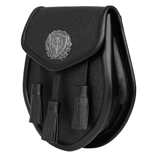 Image of Scottish Original Leather Sporran with Leather Belt & Chain (Black Leather Attique Thistle Badge Sporran)