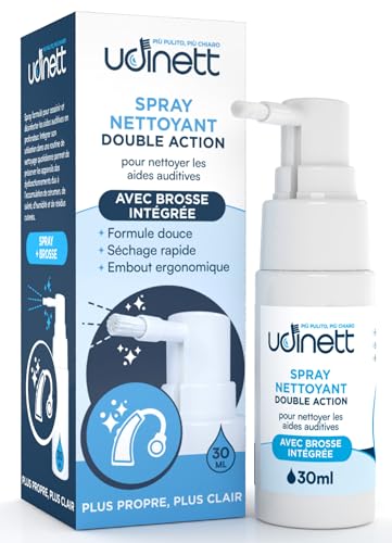 Spray Nettoyant pour Appareil Auditif 30ml avec Brosse Nettoyant pour Écouteurs Bluetooth Udinett Séchage Rapide Elimine le Cérumen la Poussière et les Bactéries