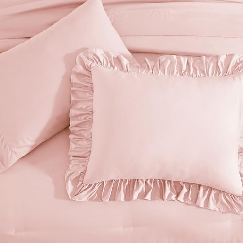 Image of King Size Comforter Set Soft Pink Ruffle 7 Pieces Farmhouse Bed in a Bag | Shabby Chic Fluffy All Season Bedding Sets with Sheets, Pillowcases & Shams