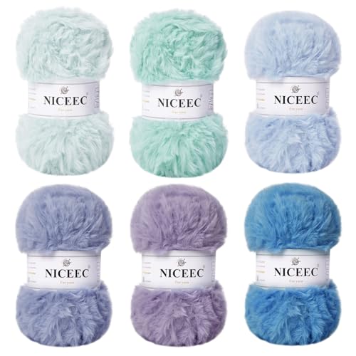 Image of NICEEC Faux Fur Yarn Super Soft, Chunky & Fluffy, Eyelash Yarn for Crochet & Knitting(Total Length 210yds /10.6oz) - Blue Series /300g