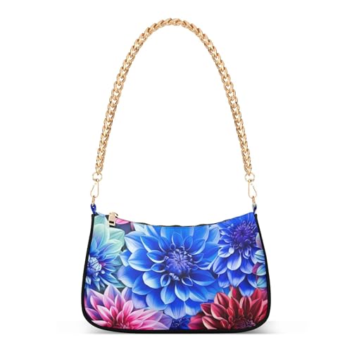 Vibrant Dahlia Flowers Blue Clutch Handbag Womens Ladies Shoulder Bag Floral Zipper Evening Clutch Purse with Chain Strap