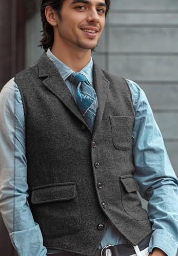 Mens Suit Vest Lapel Herringbone Tweed V Neck Waistcoat Formal Wedding Business Dress Vest2