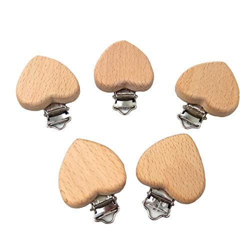Image of 5pcs Natural Wood Suspender Pacifier Clips Cute Beech Wooden Animal Heart Shape Clips Charm DIY Beading Pacifier Chain Accessory