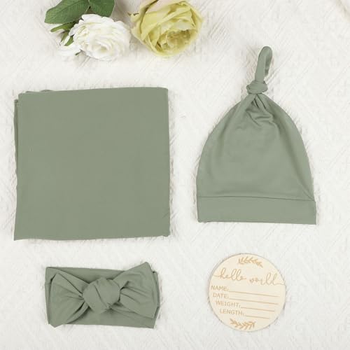 Image of TANOFAR Newborn Swaddle Blanket for Baby Girls & Boys, Ultra Soft Receiving Blankets with Matching Headband and Beanie Set Baby Nursery Swaddle Wrap (Green)