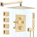 Thermostatic Shower System, 12 Inch Rain Shower Head with Handheld Spray and 4 Body Jets, Push Button Thermostatic Shower Valve, All functions can be adjusted and used at the same time, Brushed Gold