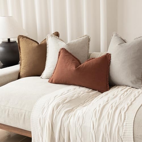 Image of Foindtower Decorative Linen Fringe Throw Pillow Covers Boho Farmhouse Cushion Cover with Tassels Soft Accent Pillowcase for Chair Sofa Bed Living Room Home Decor, 16x16 Inch, 1PC,Fall Rust Orange