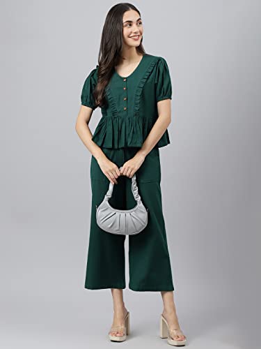 Image of DEEBACO Women's Solid Calf Length Top with Trouser|V-Neck|Short Sleeve|Cord Set for Women Cotton|Jumpsuits Western Dress for Women Stylish|Two Piece Co ord Set|Party Casual Wear(Aqua Blue)