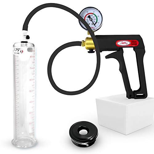 LeLuv Black Maxi Penis Pump with Gauge Premium Silicone Hose Kit with Soft Black TPR Seal 9 inch Length x 1.75 inch Diameter Cylinder