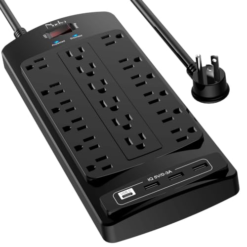 Image of 18 Outlets Surge Protector Power Strip - Nuetsa 6 Feet Flat Plug Heavy Duty Extension Cord with 18 Widely Outlets and 4 USB Ports, 2100 Joules, Black, ETL Listed