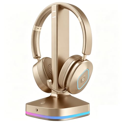 Earbay Wireless Headset with Mic for Work, V6.0 Bluetooth Headset with Microphone (Noise Cancelling & Mute), Wireless Headphones with RGB Charging Dock for Work from Home/Office/PC, Gold